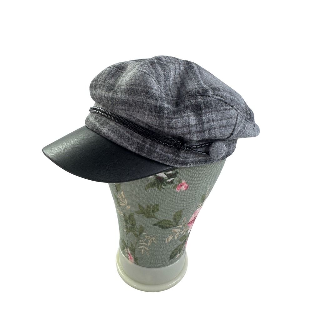 Vince Camuto Grey Plaid Newsboy Cap Baker Boy Hat Black Faux Leather Brim O/S
